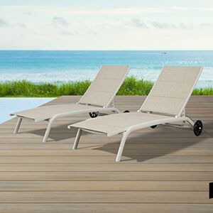 Ulax Furniture Outdoor Chaise Lounge Adjustable Padded Patio Reclining Chaise Lounger Chair with Non-Rust Aluminum Frame and Wheels, Set of 2 (Beige)