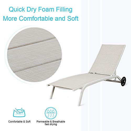 Ulax Furniture Outdoor Chaise Lounge Adjustable Padded Patio Reclining Chaise Lounger Chair with Non-Rust Aluminum Frame and Wheels, Set of 2 (Beige)