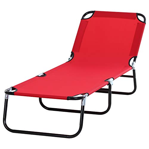 Outsunny Folding Chaise Lounge Pool Chairs, Outdoor Sun Tanning Chairs with Pillow, Reclining Back, Steel Frame & Breathable Mesh for Beach, Yard, Patio, Red