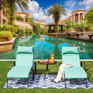 lokatse home 3 pieces outdoor patio chaise lounges chairs set adjustable with folding table, light blue cushions