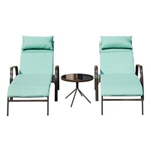 LOKATSE HOME 3 Pieces Outdoor Patio Chaise Lounges Chairs Set Adjustable with Folding Table, Light Blue Cushions