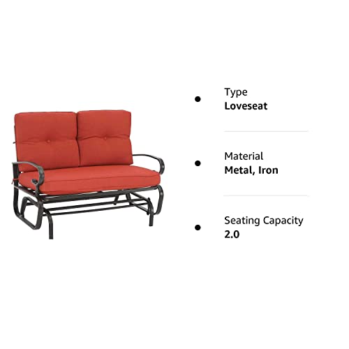 Oakmont Outdoor Glider Rocking Bench 2 Person Patio Loveseat Steel Frame Furniture Set with Removable Cushion for Patio, Garden, Yard, Porch (Red)