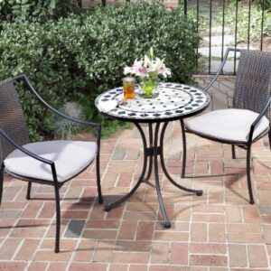 Home Styles Small Outdoor Bistro Table with Marble Tiles Design Table Top Constructed From Powder Coated Steel, Black, 27.5Lx27.5Dx30H