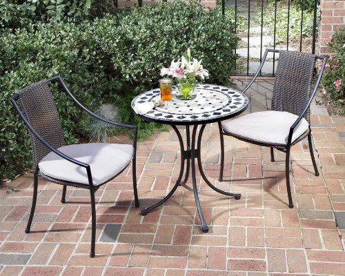 Home Styles Small Outdoor Bistro Table with Marble Tiles Design Table Top Constructed From Powder Coated Steel, Black, 27.5Lx27.5Dx30H