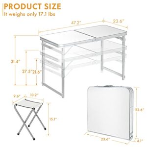 FrenzyBird Folding Picnic Table with 4 Stools, Aluminum Table Oxford Mat Chair Set for up to 4 Persons, Portable Lightweight and Heights Adjustable for Outdoor Camping Dining BBQ Party