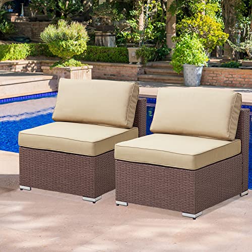 PHIKOOVA Wicker Outdoor Sectional Sofa Set Patio Garden Armless Sofa Chair with Washable Zippered Cushions for Porch Poolside Balcony(Beige)