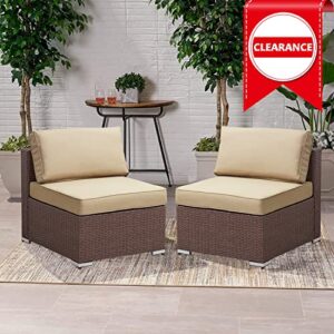 PHIKOOVA Wicker Outdoor Sectional Sofa Set Patio Garden Armless Sofa Chair with Washable Zippered Cushions for Porch Poolside Balcony(Beige)