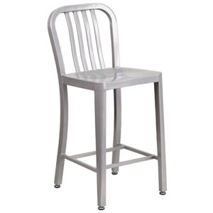 Flash Furniture Commercial Grade 24" High Silver Metal Indoor-Outdoor Counter Height Stool with Vertical Slat Back