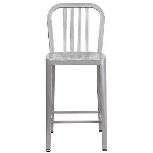 Flash Furniture Commercial Grade 24" High Silver Metal Indoor-Outdoor Counter Height Stool with Vertical Slat Back