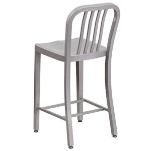 Flash Furniture Commercial Grade 24" High Silver Metal Indoor-Outdoor Counter Height Stool with Vertical Slat Back