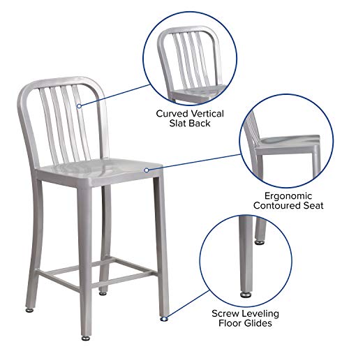 Flash Furniture Commercial Grade 24" High Silver Metal Indoor-Outdoor Counter Height Stool with Vertical Slat Back