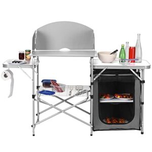 goplus camping kitchen table, portable outdoor cooking table with storage, 26” tabletop, detachable windscreen, camp cook station, folding grill table for tailgating bbq picnic backyard beach rv