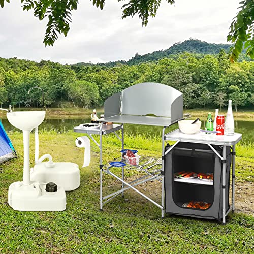 Goplus Camping Kitchen Table, Portable Outdoor Cooking Table with Storage, 26'' Tabletop, Detachable Windscreen, Camp Cook Station, Folding Grill Table for Tailgating BBQ Picnic Backyard Beach RV
