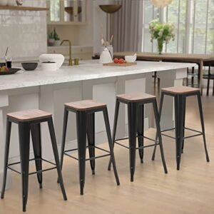 sophia & william 30″ metal bar stools set of 4 counter height backless stools with wooden seat,indoor/outdoor barstools,matte black