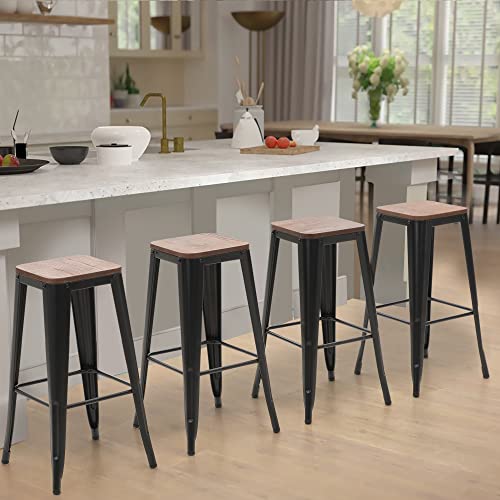 Sophia & William 30" Metal Bar Stools Set of 4 Counter Height Backless Stools with Wooden Seat,Indoor/Outdoor Barstools,Matte Black