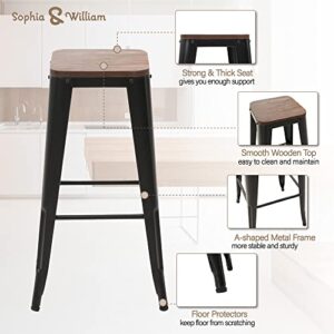 Sophia & William 30" Metal Bar Stools Set of 4 Counter Height Backless Stools with Wooden Seat,Indoor/Outdoor Barstools,Matte Black