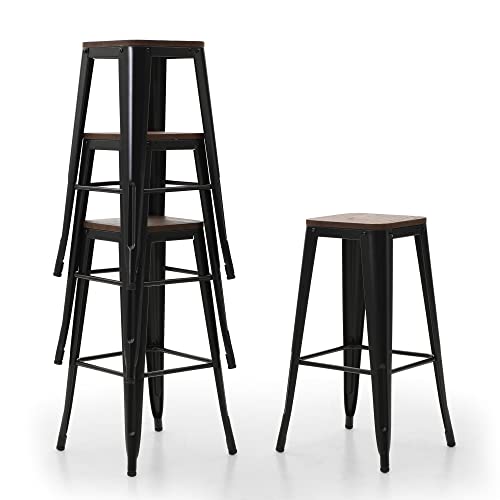 Sophia & William 30" Metal Bar Stools Set of 4 Counter Height Backless Stools with Wooden Seat,Indoor/Outdoor Barstools,Matte Black