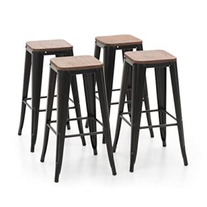 Sophia & William 30" Metal Bar Stools Set of 4 Counter Height Backless Stools with Wooden Seat,Indoor/Outdoor Barstools,Matte Black