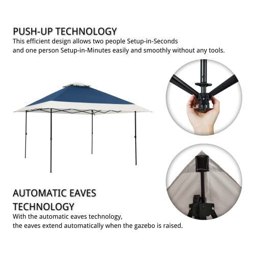 Suntime 13x13 Instant Pop Up Gazebo Canopy Tent Shelter with Solar LED Lights, Zippered Mesh Mosquito Netting, Wheeled Roller Carry Bag, Bonus Weight Sandbags, Stakes, Ropes - Navy