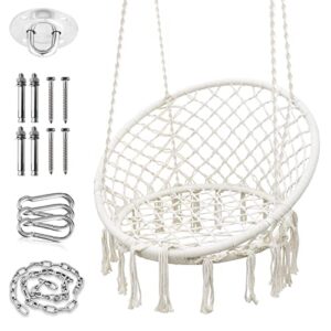 surpcos hammock chair macrame swing, upgraded max 550 lbs hanging 100% cotton rope swing chair with stainless steel hardware kits, macrame swing for indoor and outdoor use (beige)