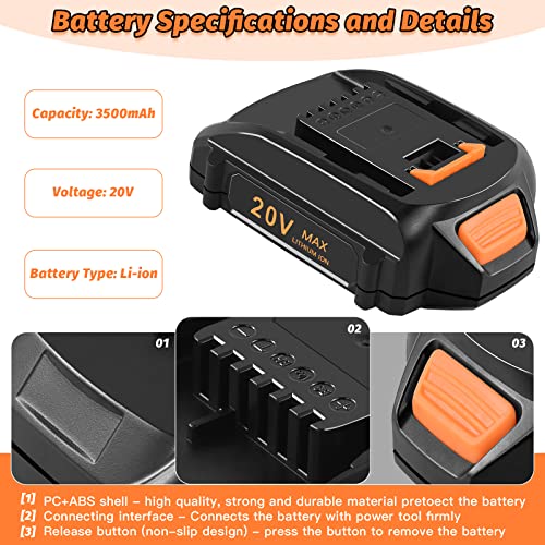 HUSUE 3.5Ah Replacement Battery for Worx Battery 20V Compatible with Worx 20V Battery WA3578 WA3575 WA3520 WA3525 WG151s WG155s WG251s WG255s WG540s WG545s WG890 WG891, 2Pack