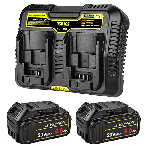 ANTRobut 2Pack 20V 6.5Ah Replacement for Dewalt 20V Battery Max XR DCB205 DCB206 Compatible with Dewalt DCD/DCF/DCG Series with DCB102 20V Dual Port Battery Charger