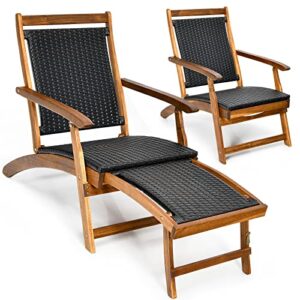 tangkula set of 2 acacia wood folding chaise lounge chair, patiojoy outdoor foldable deck chair, portable wicker lounger with retractable footrest, ideal for garden, poolside, courtyard