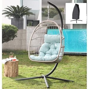 patiorama indoor outdoor egg swing chair with stand, patio beige wicker rattan hanging chair with rope back, cushion,cover,all weather foldable hammock chair for bedroom, garden (tiffany blue)
