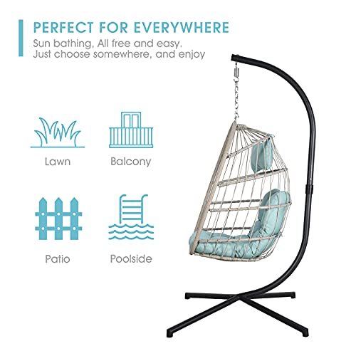 Patiorama Indoor Outdoor Egg Swing Chair with Stand, Patio Beige Wicker Rattan Hanging Chair with Rope Back, Cushion,Cover,All Weather Foldable Hammock Chair for Bedroom, Garden (Tiffany Blue)