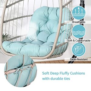 Patiorama Indoor Outdoor Egg Swing Chair with Stand, Patio Beige Wicker Rattan Hanging Chair with Rope Back, Cushion,Cover,All Weather Foldable Hammock Chair for Bedroom, Garden (Tiffany Blue)