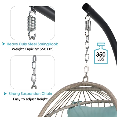 Patiorama Indoor Outdoor Egg Swing Chair with Stand, Patio Beige Wicker Rattan Hanging Chair with Rope Back, Cushion,Cover,All Weather Foldable Hammock Chair for Bedroom, Garden (Tiffany Blue)