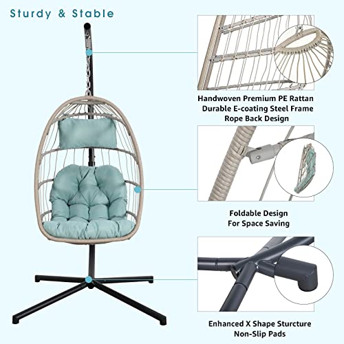 Patiorama Indoor Outdoor Egg Swing Chair with Stand, Patio Beige Wicker Rattan Hanging Chair with Rope Back, Cushion,Cover,All Weather Foldable Hammock Chair for Bedroom, Garden (Tiffany Blue)