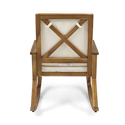 Christopher Knight Home Andy | Outdoor Acacia Wood ocking Chair with Water-Resistant (Set of 2), Teak Finish/Cream Cushion