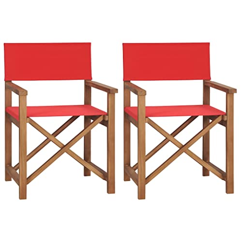 vidaXL Director's Chairs 2 Pcs, Foldable Director's Chair with Fabric Seat Cover, Folding Camping Chair for Outdoor Lawn, Solid Wood Teak Red