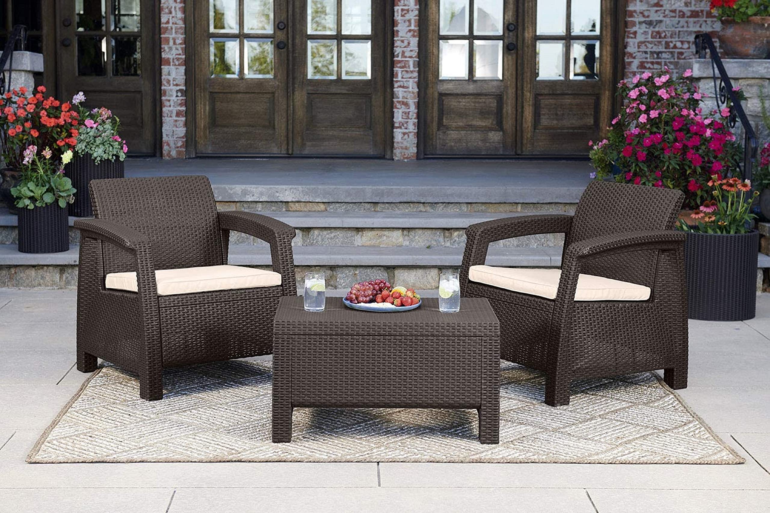 Keter Corfu Coffee Table Modern All Weather Outdoor Patio Garden Backyard Furniture, Brown