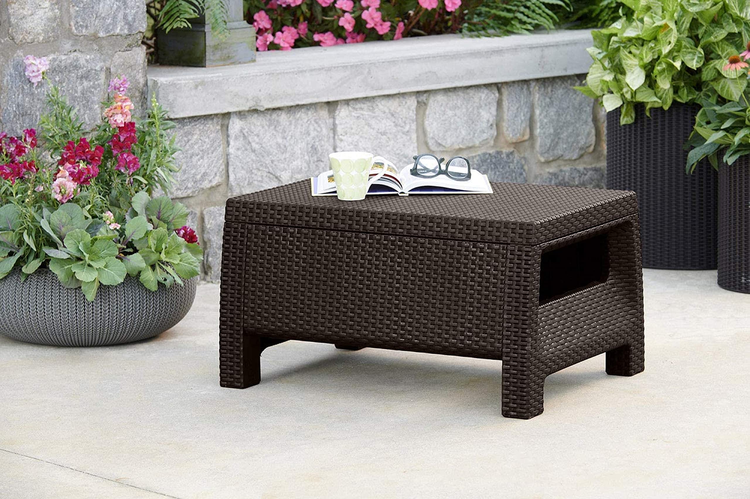 Keter Corfu Coffee Table Modern All Weather Outdoor Patio Garden Backyard Furniture, Brown