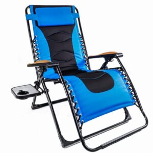 cecarol xl oversized reclining patio chair, zero gravity outdoor lounge chair padded seat, portable folding lawn recliner with adjustable headrest & cup holder for camping, support 350lbs – blue