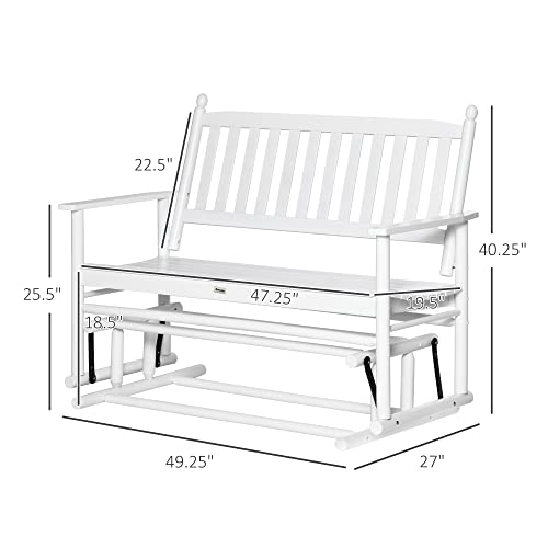 Outsunny Wooden Outdoor Glider Bench for Two People, Patio Loveseat Swing Rocking Chair with Armrest, Slatted Seat and Backrest, White