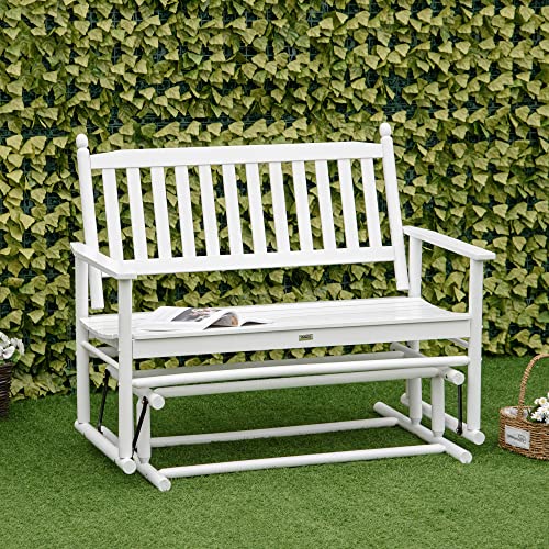 Outsunny Wooden Outdoor Glider Bench for Two People, Patio Loveseat Swing Rocking Chair with Armrest, Slatted Seat and Backrest, White