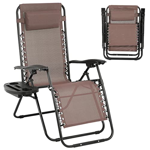 Pazidom Zero Gravity Chair Folding Lounge Chair Lawn Chair Adjustable Camping Reclining Chair with Pillow and Cup Holder Trays, Folding Chair Outdoor Chair - Breatheable & Tear-Resistant Mesh, Brown