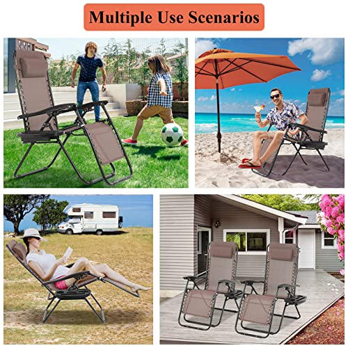 Pazidom Zero Gravity Chair Folding Lounge Chair Lawn Chair Adjustable Camping Reclining Chair with Pillow and Cup Holder Trays, Folding Chair Outdoor Chair - Breatheable & Tear-Resistant Mesh, Brown