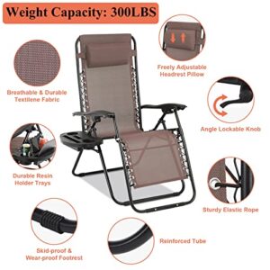 Pazidom Zero Gravity Chair Folding Lounge Chair Lawn Chair Adjustable Camping Reclining Chair with Pillow and Cup Holder Trays, Folding Chair Outdoor Chair - Breatheable & Tear-Resistant Mesh, Brown