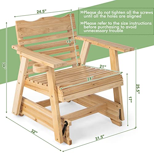 Tangkula Outdoor Fir Wood Glider Chair, Outdoor Swing Glider Chair with Rotatable Hidden Cup Holder and Curved Seat, Outdoor Glider Chair for Porch, Patio, Backyard, Natural (1, Natural)