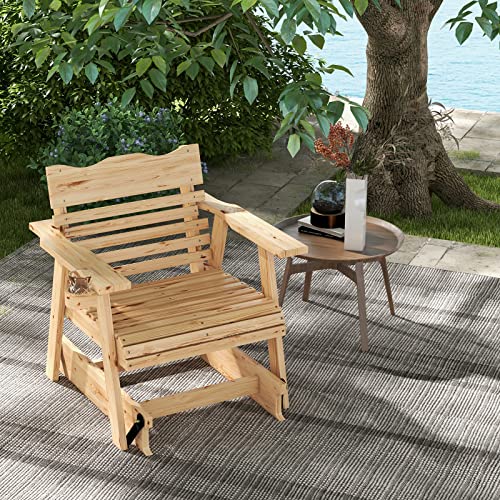 Tangkula Outdoor Fir Wood Glider Chair, Outdoor Swing Glider Chair with Rotatable Hidden Cup Holder and Curved Seat, Outdoor Glider Chair for Porch, Patio, Backyard, Natural (1, Natural)