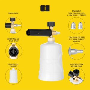 Active Premium Foam Cannon for Pressure Washers - Thick Soap Dispenser with 1/4" Quick Connect (Brass Head)
