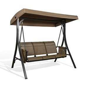 patio 3-seat textilene porch swing, outdoor swing glider with stand and adjustable polyester canopy (brown)