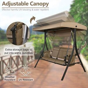 Patio 3-Seat Textilene Porch Swing, Outdoor Swing Glider with Stand and Adjustable Polyester Canopy (Brown)