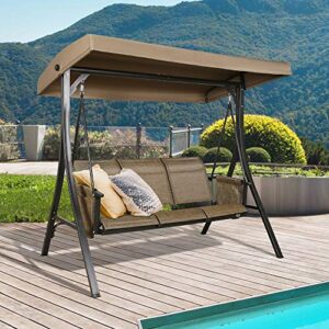 Patio 3-Seat Textilene Porch Swing, Outdoor Swing Glider with Stand and Adjustable Polyester Canopy (Brown)