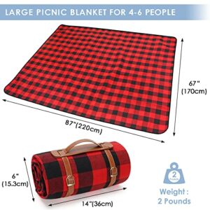 Extra Large 87'' X 67'' Picnic Blanket Waterproof, Portable Picnic Mat, Sandproof Beach Mat, Outdoor Rug for Camping, Red Checkered