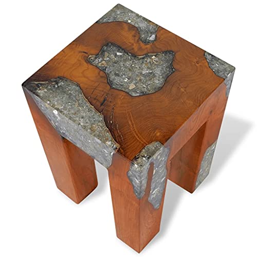 SKM Wooden Stool Handmade Small Stool Solid Teak Wood and Resin 11.8" x 11.8" x 15.7" (L x W x H)